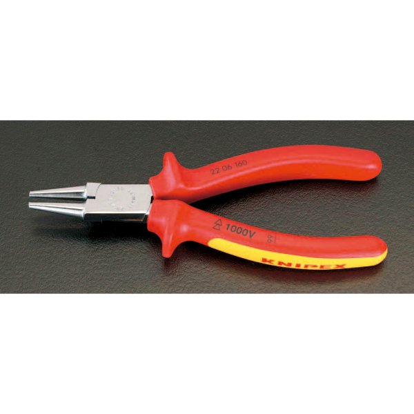 160mm 絶縁ラウンドノーズプライヤー(グリップ付/メッキ)