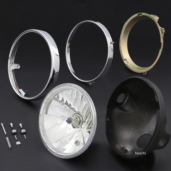 BRIGHTEC マルチリフレクター ヘッドライト ラウンドタイプ 旧カワサキ系リム付黄 汎用 クリア/黒ケース