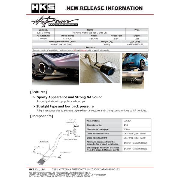 Hi-Power Muffler 2014+ Honda Fit Sport GK5 w/ Carbon Tips
