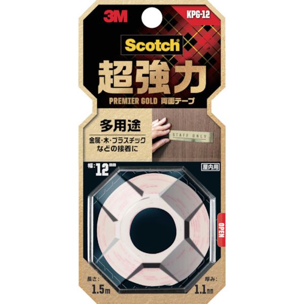 KPG12 542-3406  スコッチ 超強力両面テープ プレミアゴールド 多用途 12mm×1.5m