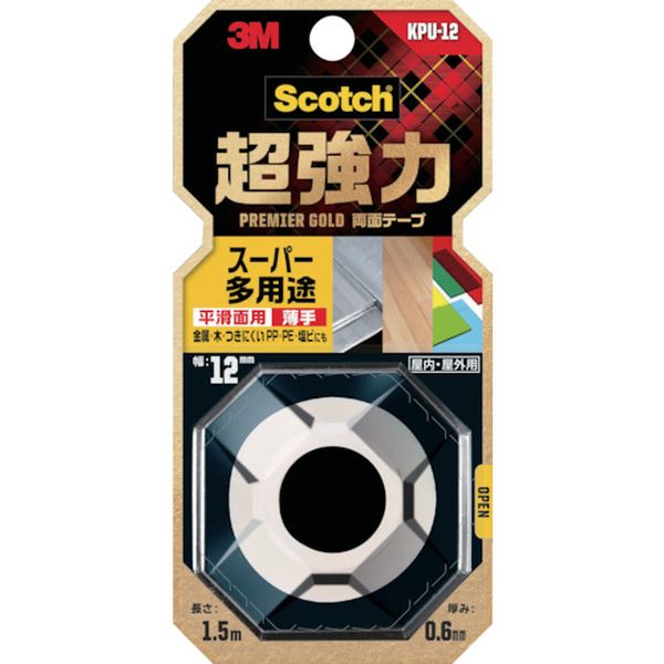 KPU12  スコッチ 超強力両面テープ プレミアゴールド スーパー多用途 薄手 12mm×1.5m