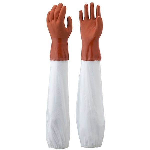 NO645S 560-8293 腕カバー付手袋 No645腕カバー付ニュービニローブ オレンジ/ホワイト Sサイズ