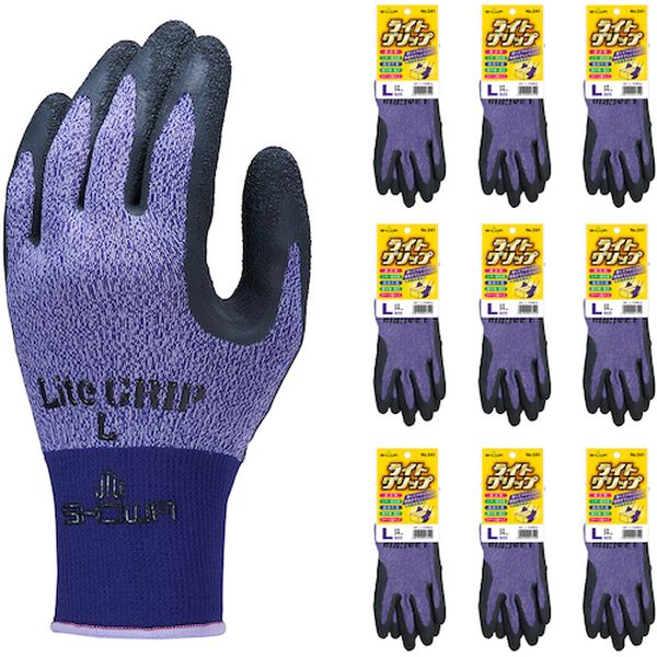 NO341LPL10P 天然ゴム背抜き手袋 まとめ買い NO341 ライトグリップ 10双入 Lサイズ パープル