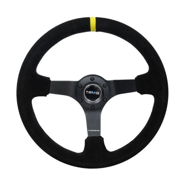 Reinforced Steering Wheel (350mm / 3in. Deep) Blk Suede/X-Stitch w/5mm Blk Spoke & Yellow CM