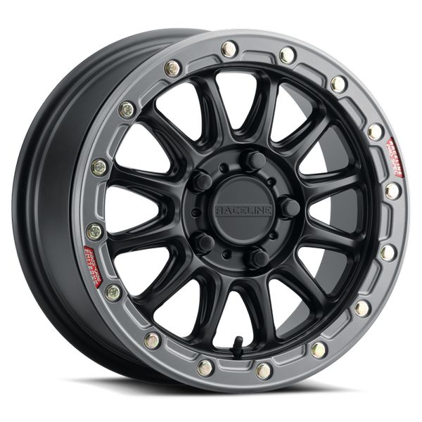 Raceline A14GR Alpha 15x7in/5x114.3 BP/53mm Offset/68mm Bore - Gunmetal & Red Ring Beadlock Wheel