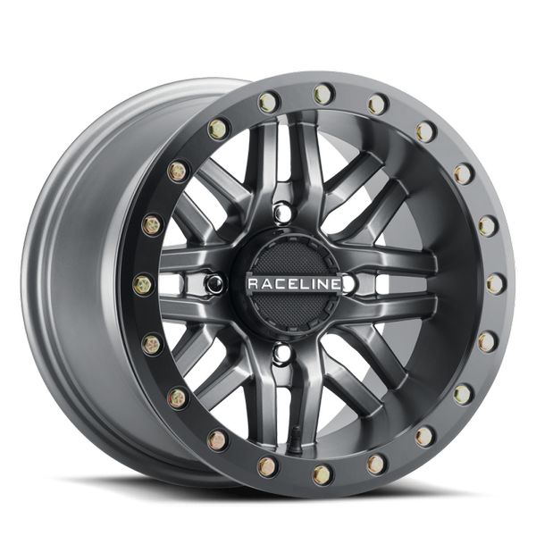 Raceline A91G Ryno 15x7in/4x137 BP/10mm Offset/110.18mm Bore - Gunmetal & Black Ring Beadlock Wheel