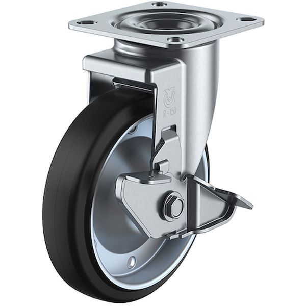 プレート式 自在 キャスター ゴム 車輪径125mm ストッパー付き RJ2-S型 取付寸法80×80(75×75)