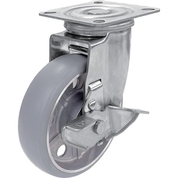 プレート式 自在 ステンレスキャスター アルティメットウレタン 車輪径150mm ストッパー付き SUS-J2-S型