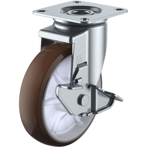 プレート式 自在 ステンレスキャスター ウレタン 車輪径125mm ストッパー付き 取付寸法80×80(75×75)