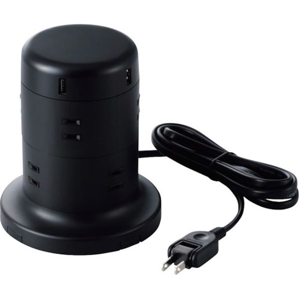 TTU010820BK タワー型タップ 8個口 雷サージ付 ホコリ防止シャッター付 固定可能 2.0m ブラック