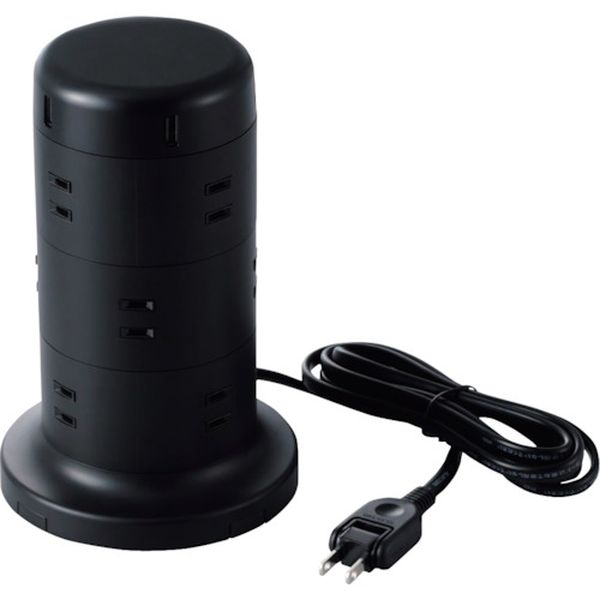 TTU021220BK タワー型タップ 12個口 雷サージ付 ホコリ防止シャッター付 固定可能 2.0m ブラック