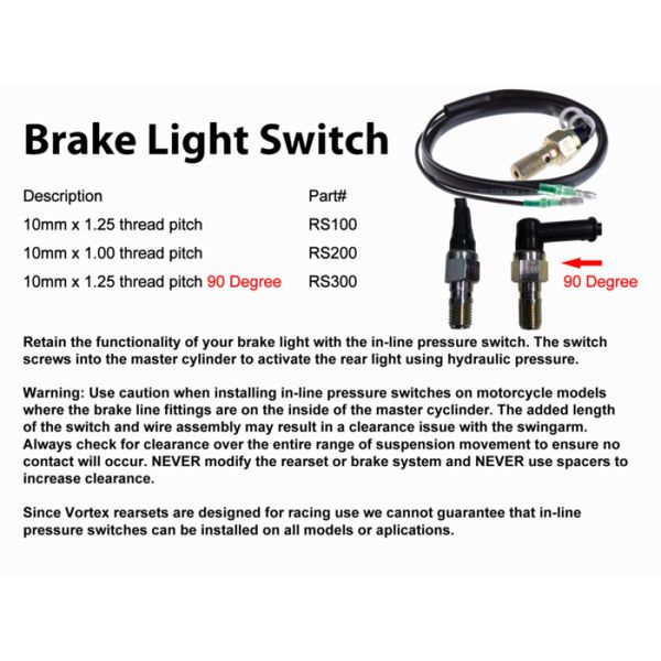 Vortex Racing Rearsets Replacement Brake Light Press Switch M10 x 1.00